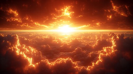 Fototapeta premium Epic sunset above fiery clouds; breathtaking view from airplane