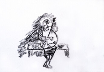 Charcoal drawing. Black and white drawing. Drawing of a woman with charcoal on a white background.