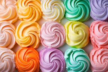 Colorful Swirls of Meringue: a close-up of rows of intricately piped meringues in an array of pastel colors, showcasing the artistry and sweetness of this delightful treat. 