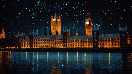 Fototapeta premium Illuminated Palace of Westminster at Night with Starry Sky Reflecting in River Thames, London, UK