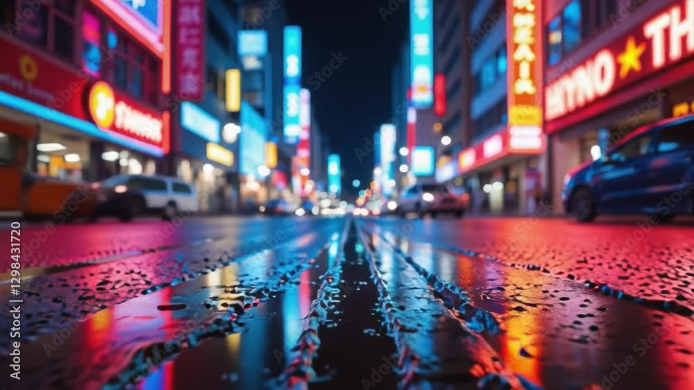 Poster night view of the city, empty background scene dark street reflection on wet asphalt rays of colorfu