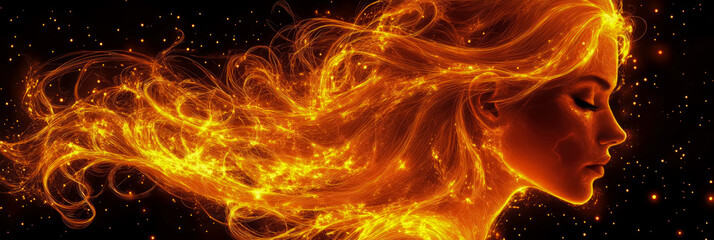 Abstract: Burning Soul, Womans Profile Engulfed in fiery tendrils, embodying passion and transformation. Ethereal beauty for print, poster, or striking card