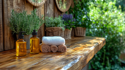 Wellness retreat: Aromatherapy oils and fresh towels on a wood spa table with botanical arrangement for skincare spa treatment