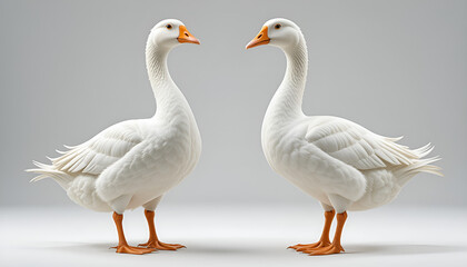 Obraz premium Two Majestic White Geese Facing Each Other In A Serene, Minimalist Studio Setting With Soft Lighting Isolated on Transparent Background