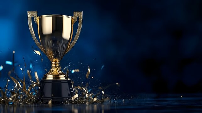 A highly detailed golden trophy shining brightly in the center of a dark blue background symbolizing success and recognition  The reflective surface of the trophy captures the ambient light