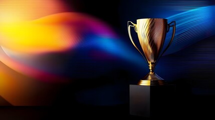 Beautifully crafted golden trophy with delicate engravings gleaming under soft ambient lighting  The dark blue gradient background adds depth emphasizing the trophy s brilliance and timeless elegance