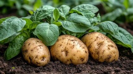 Freshly Dug Potatoes in Rich Garden Soil A Close-Up View of a Homegrown Harvest Bounty