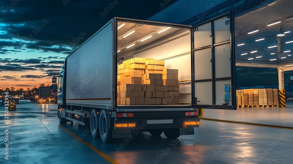 Poster Commercial transport truck with its loading bay open displaying a structured arrangement of packages inside reflecting fast and efficient delivery in the logistics industry