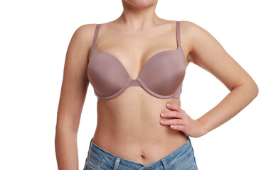 Woman wearing beautiful bra on white background, closeup