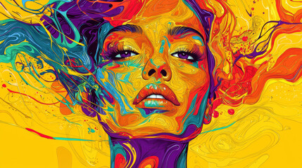 A woman is depicted in a colorful vector portrait with swirling patterns. The bright colors and abstract design create a dynamic and engaging composition that captures attention