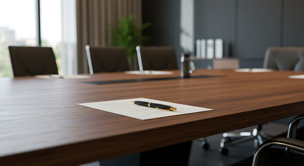 A polished wooden conference table adorned with a sleek pen and notepad, setting the tone for professional meetings in a modern corporate environment.
