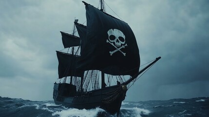 A classic pirate ship sailing through stormy seas under a dark sky.
