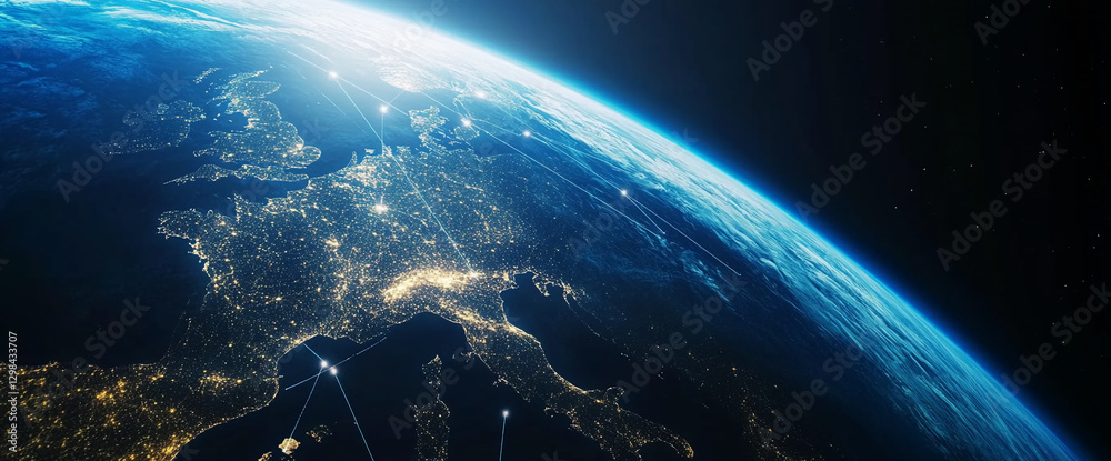 Poster Earth view from space showing Europe at night with bright city lights and connected lines representing global network and communication. The image symbolizes technology and digital connectivity.