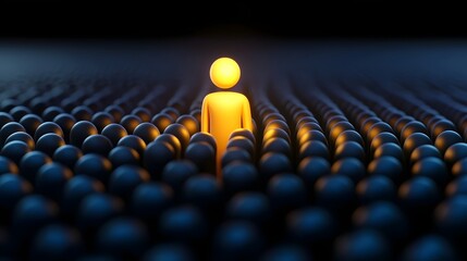 Fototapeta premium A conceptual scene featuring luminous orange figures standing out against a sea of deep purple elements The composition emphasizes contrast leadership and the courage to be different