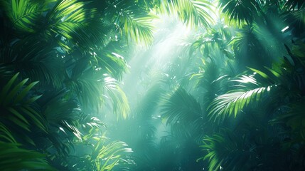 Lush tropical jungle sunlight beams through foliage