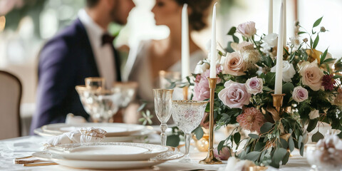 Fototapeta premium Romantic couple enjoying an elegant dinner with floral centerpiece at the table