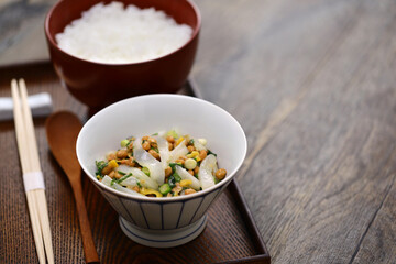 Ika-natto is a Japanese dish made by mixing squid sashimi with natto (fermented soybeans) and seasonings such as green onions. Set meal.
