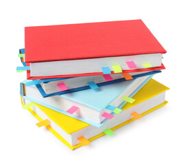 Books with colorful tabs isolated on white