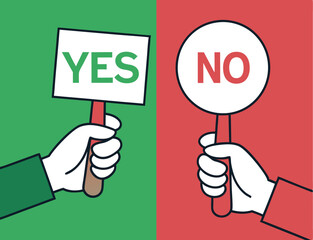 Hand holding sign yes and sign no.