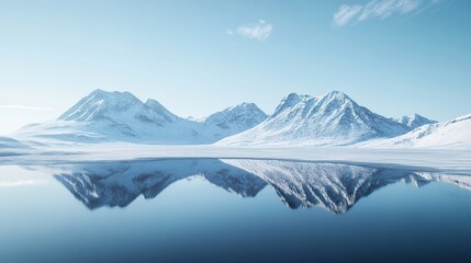 Snow-covered mountains reflecting in a serene frozen lake, with a clear blue sky above.