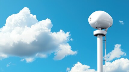 Science meteorology innovation concept. Water tower against a bright blue sky with clouds.