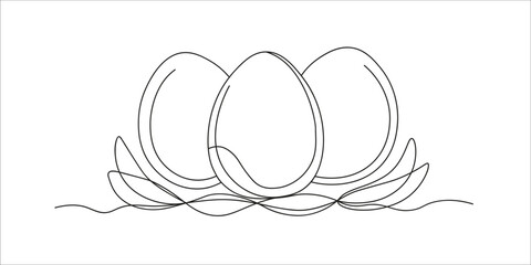 Three eggs on grass in artline style on white background. Easter eggs drawn with one line. Graphic element for Easter design.