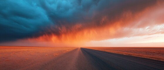 Road Through the Prairie Under Dramatic Sky
