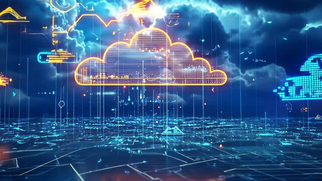 Digital weather forecast interface displaying clouds and rain over a futuristic city skyline at night, Weather digital interface