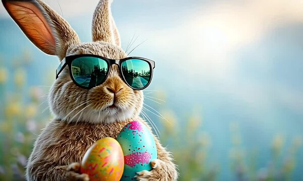 Cool Easter Bunny Wearing Sunglasses Holding Decorated Eggs on Blue Background
