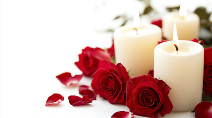 Red roses with lit up candles on white isolated background - ai generative