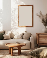 Mockup of a canvas on the wall in a cozy living room – Minimalist and rustic style
