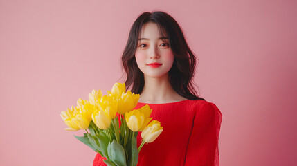 Fototapeta premium Joyful Woman in Red Dress with Yellow Tulips on Pink Background: Perfect Gift for Mother's Day or Valentine's!