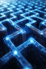 Abstract digital maze.  Glowing blue network pathways, representing complex data systems, technology, or the challenges of navigating information.