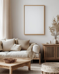 Mockup of a canvas on the wall in a cozy living room – Minimalist and rustic style