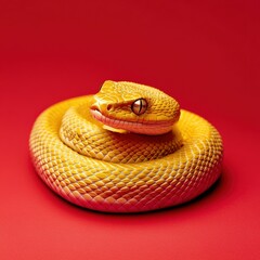 Fototapeta premium golden Snake Coiled on Red Background