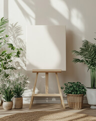Mockup of a canvas on an easel with decorative plants &ndash; Elegant textured background