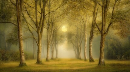 Fototapeta premium Misty Forest Illuminated by Full Moon Light Through Dense Trees