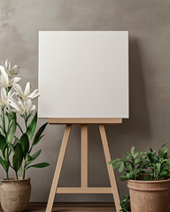 Mockup of a canvas on an easel with decorative plants &ndash; Elegant textured background