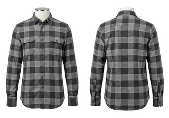 Flannel long sleeve shirt with gray and white checkered pattern on mannequin isolated on white background. Flannel shirt front and back view set.