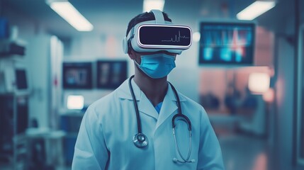 Man in white coat with virtual reality headset. Collage of ai doctor image. A box of innovative technology vr. A person wearing a white coat and a virtual reality lifestyle headset.