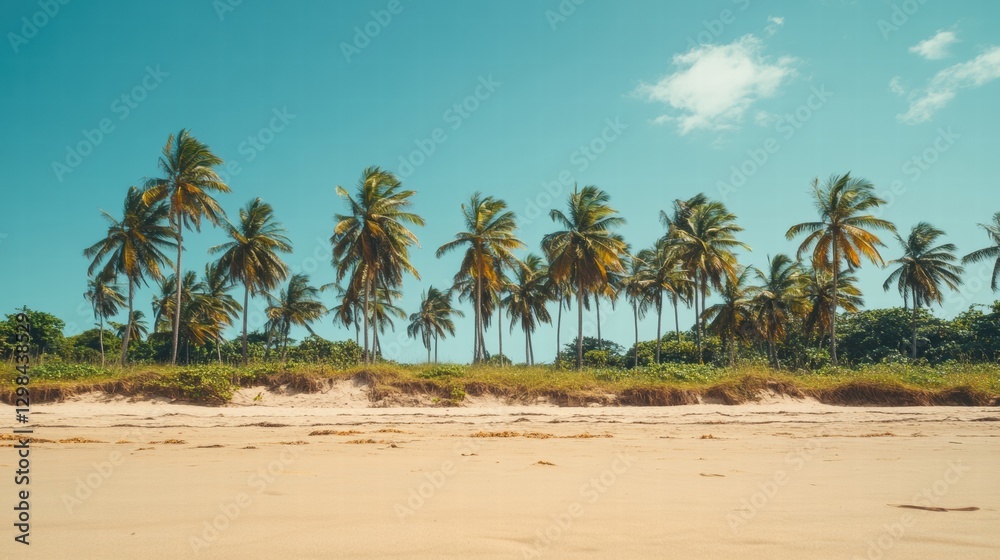 Poster Beautiful tropical beach with palm trees and clear blue sky during midday in a serene coastal environment. Generative AI