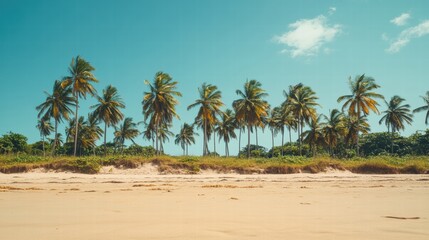 Fototapeta premium Beautiful tropical beach with palm trees and clear blue sky during midday in a serene coastal environment. Generative AI