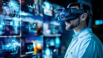 Man in white coat with virtual reality headset. Collage of ai doctor image. A box of innovative technology vr. A person wearing a white coat and a lifestyle virtual reality headset.