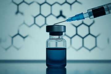 Syringe extracting vaccine from a vial with molecular structure background