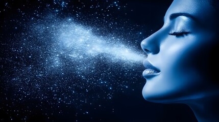 Serene Profile of a Woman Breathing Fresh Air in Cosmic Surroundings