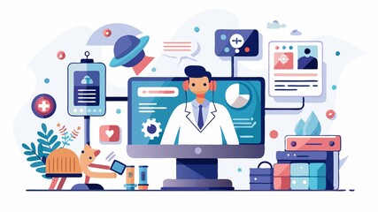 A detailed rendering of a futuristic telemedicine concept reveals the sophisticated technology and user-friendly interfaces involved in providing remote medical consultations and comprehensive patien