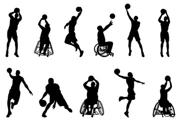  Set of professional basketball players and basketball players in wheelchairs.Silhouettes of basketball players in action. Adaptive sport concept.Vector illustration.