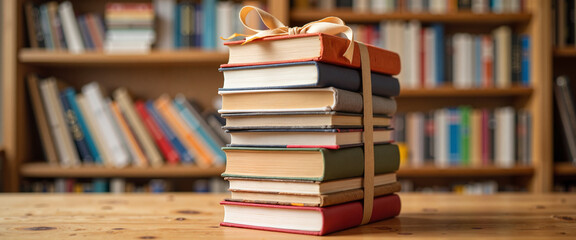 Obraz premium Stack of hardcover books tied with ribbon on wooden desk, knowledge and dedication