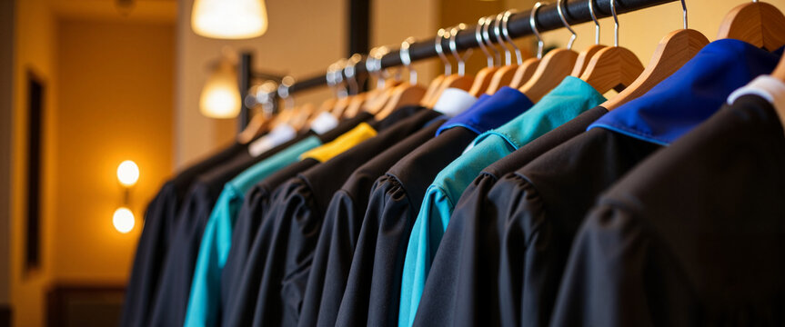 Graduation gowns elegantly displayed on clothing rack, academic celebration
