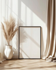 Mockup of a canvas on the wall in a cozy living room &ndash; Minimalist and rustic style